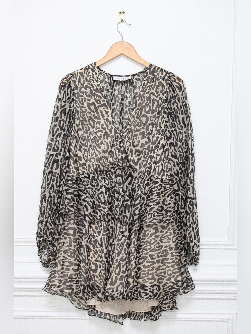 Shona Joy Mariposa Animal Print Tiered Mini Dress Leopard Drawstring Waist Sz 2 - Picture 3 of 10